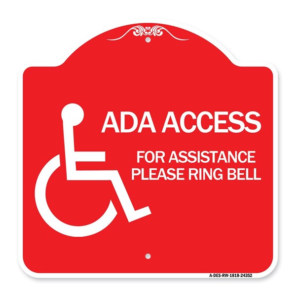 ADA Access for Assistance Ring Bell W/ New Isa, Red & White Aluminum Sign, 18" H, RW-1818-24352